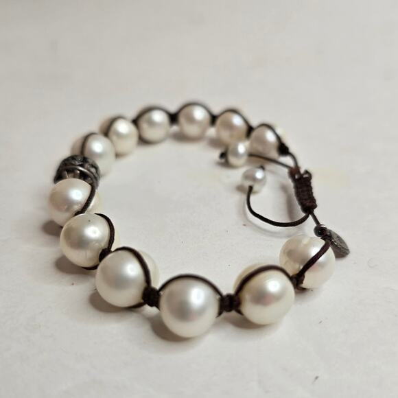 Silpada Vintage Sterling Silver & Genuine Large Pearls Brown Corded Bracelet - Picture 8 of 9